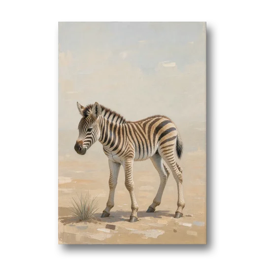 Neutral Safari Nursery Decor with a Wobbly Zebra Foal - Canvas Wall Art - Front