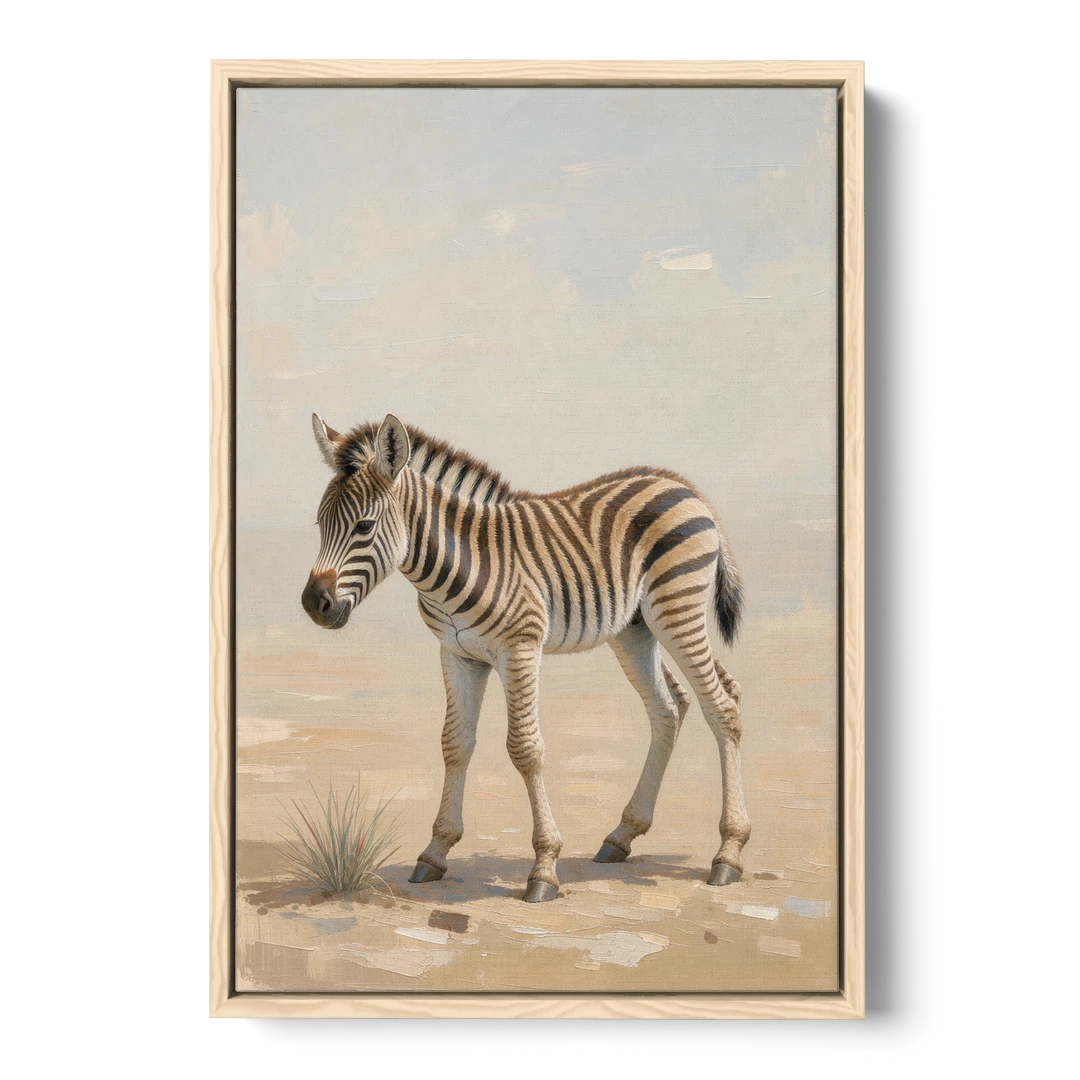 Neutral Safari Nursery Decor with a Wobbly Zebra Foal - Oak Framed Canvas Wall Art - Front