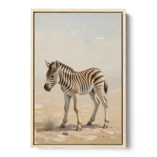 Neutral Safari Nursery Decor with a Wobbly Zebra Foal - Oak Framed Canvas Wall Art - Front