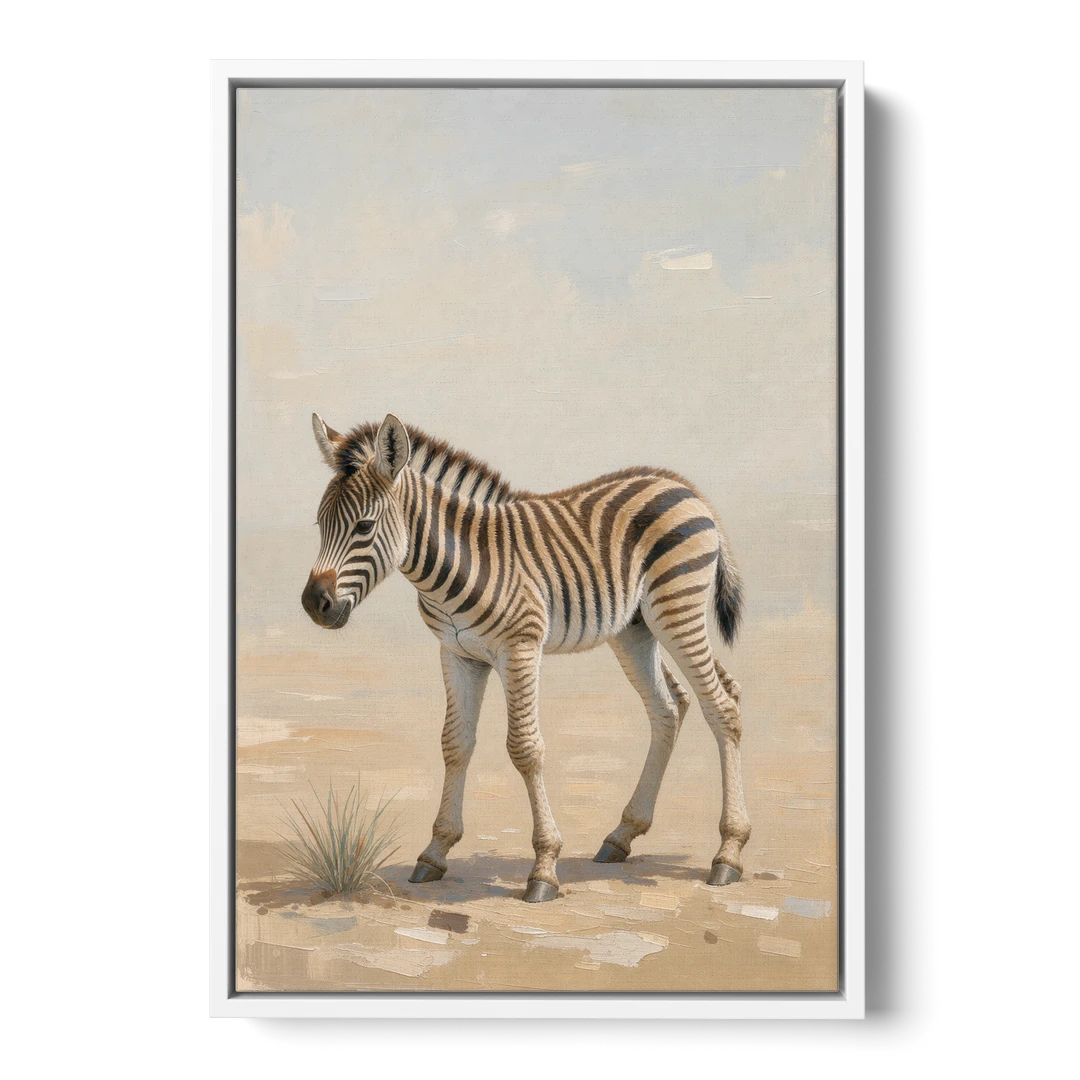 Neutral Safari Nursery Decor with a Wobbly Zebra Foal - White Framed Canvas Wall Art - Front