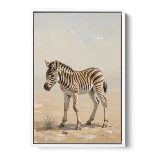 Neutral Safari Nursery Decor with a Wobbly Zebra Foal - White Framed Canvas Wall Art - Front