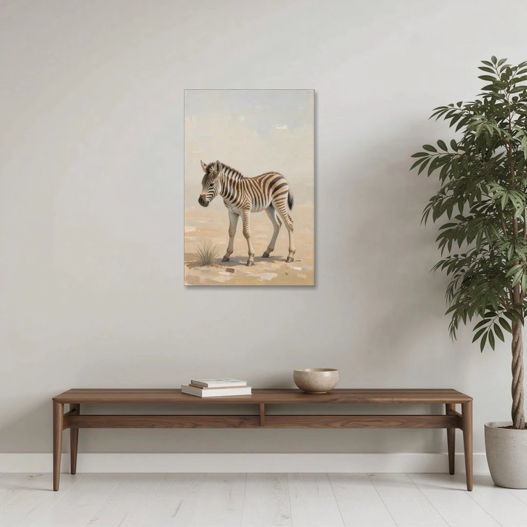 Neutral Safari Nursery Decor with a Wobbly Zebra Foal - Canvas Wall Art - Coffee Table - 24x36