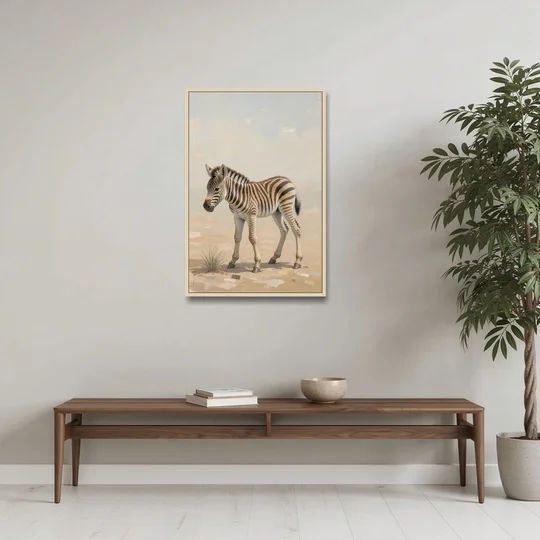 Neutral Safari Nursery Decor with a Wobbly Zebra Foal - Oak Framed Canvas Wall Art - Coffee Table - 24x36