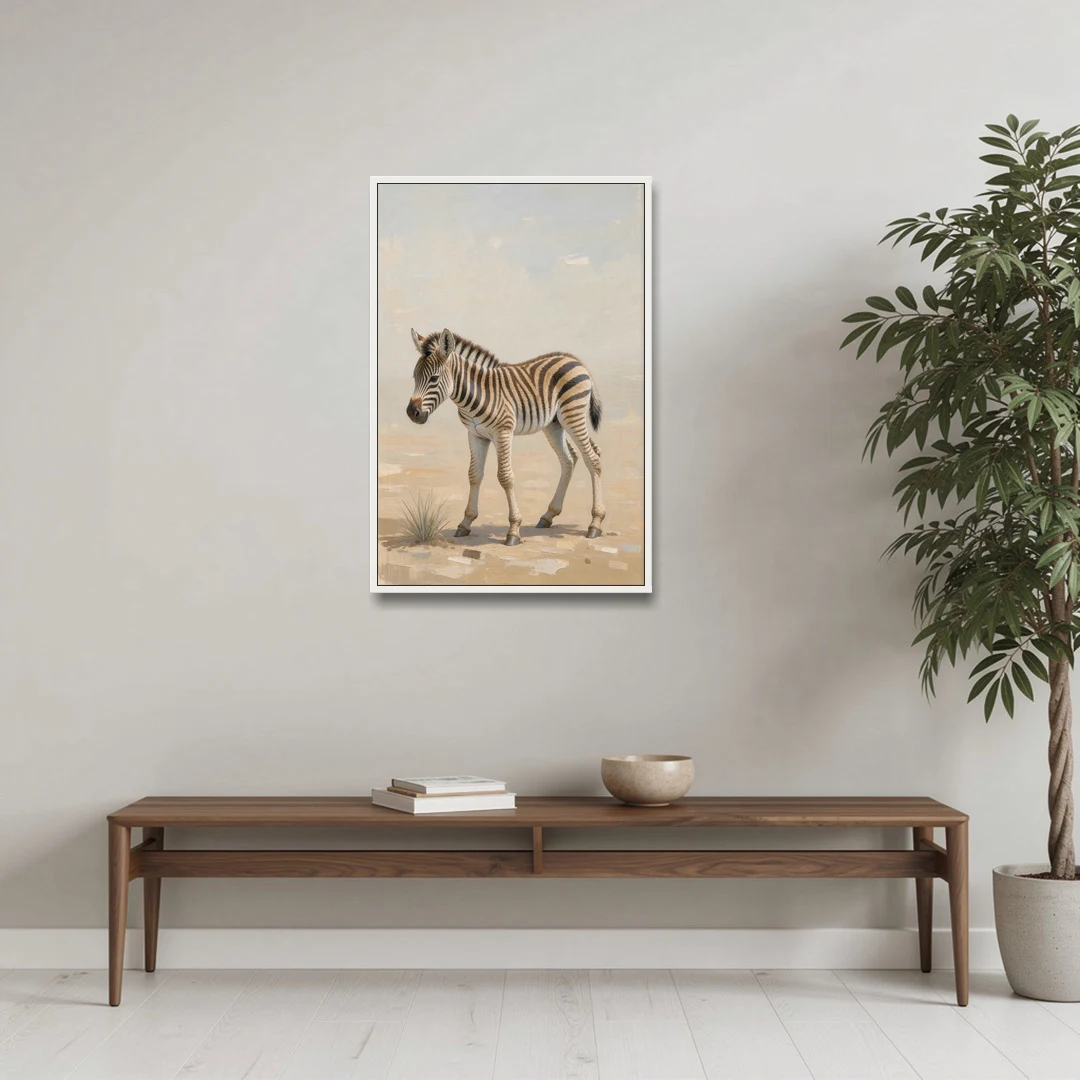 Neutral Safari Nursery Decor with a Wobbly Zebra Foal - White Framed Canvas Wall Art - Coffee Table - 24x36