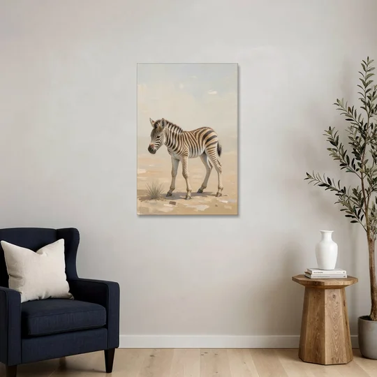 Neutral Safari Nursery Decor with a Wobbly Zebra Foal - Canvas Wall Art - Sofa - 24x36