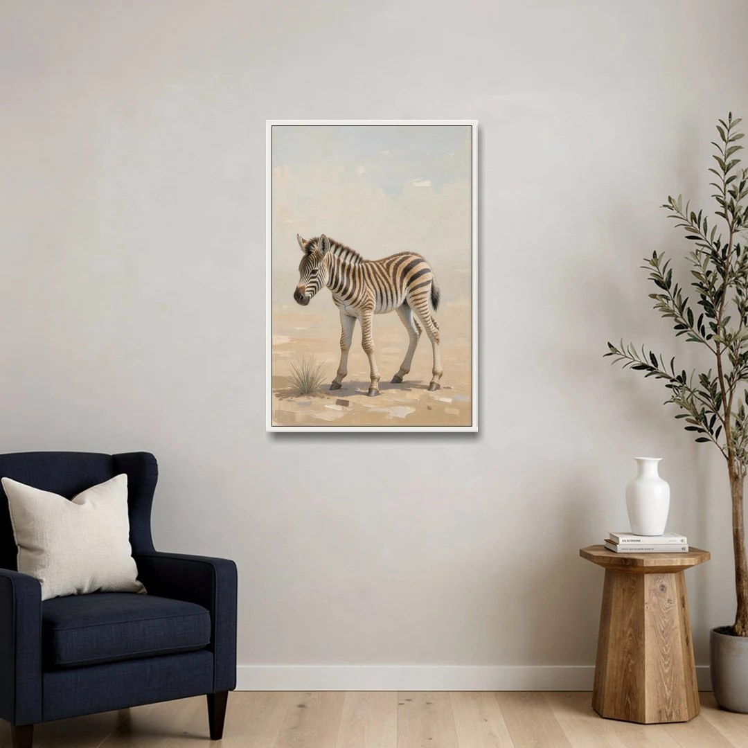 Neutral Safari Nursery Decor with a Wobbly Zebra Foal - White Framed Canvas Wall Art - Sofa - 24x36