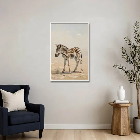 Neutral Safari Nursery Decor with a Wobbly Zebra Foal - White Framed Canvas Wall Art - Sofa - 24x36