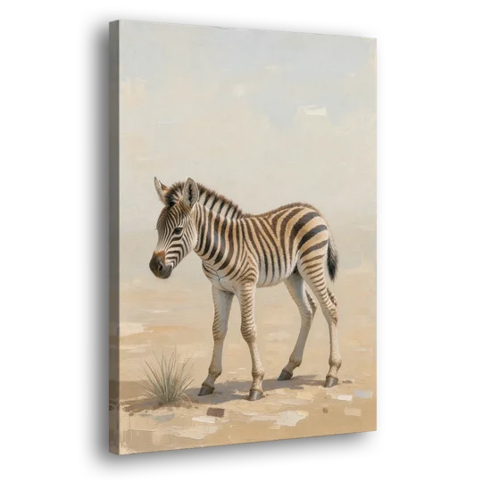 Neutral Safari Nursery Decor with a Wobbly Zebra Foal - Canvas Wall Art - Side