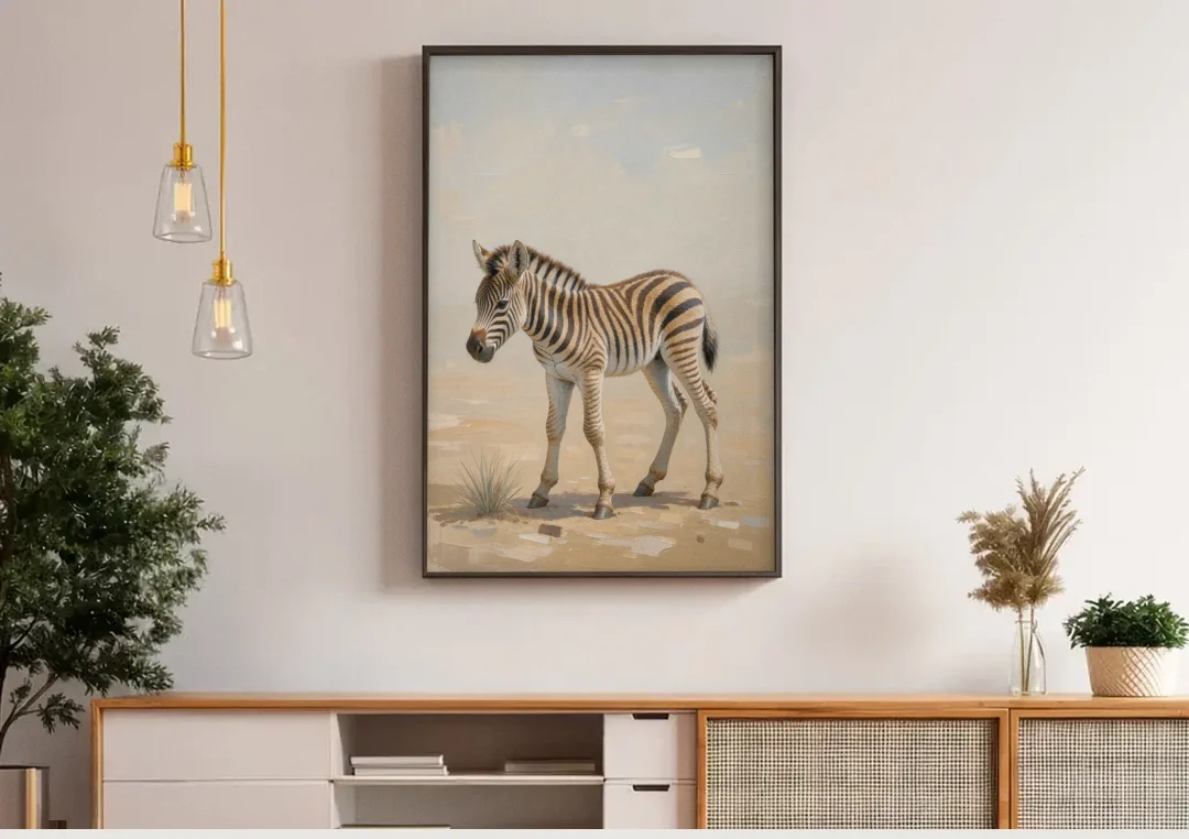 Neutral Safari Nursery Decor with a Wobbly Zebra Foal canvas wall art above a wooden sideboard under pendant lights