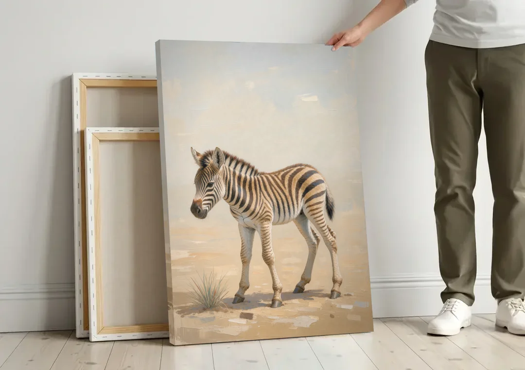 Neutral Safari Nursery Decor with a Wobbly Zebra Foal canvas wall art leaning against a wall next to blank canvases