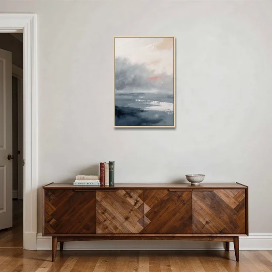 Neutral Sea Fog on Calm Water - Oak Framed Canvas Wall Art - Coffee Table - 24x36