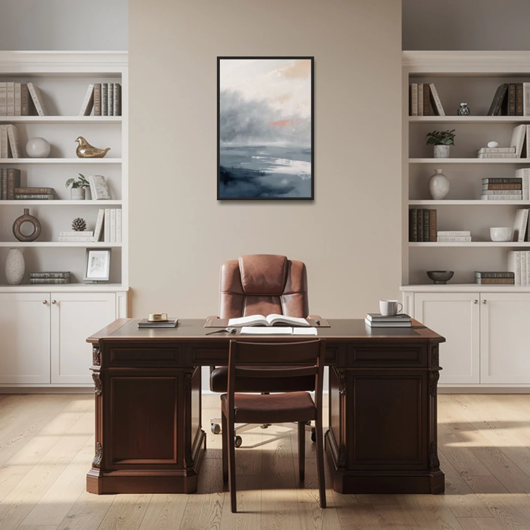 Neutral Sea Fog on Calm Water - Black Framed Canvas Wall Art - Office - 24x36