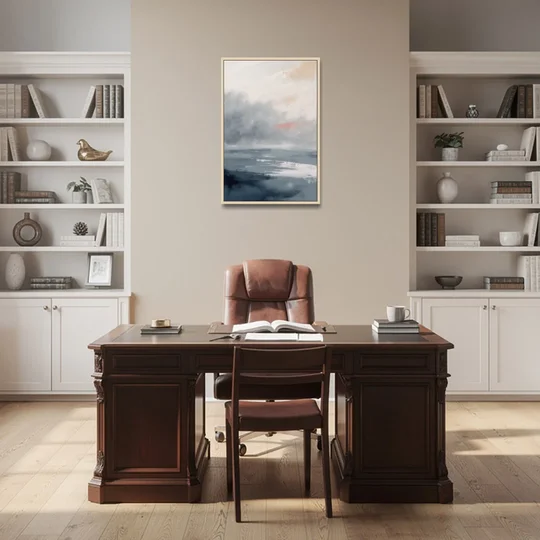 Neutral Sea Fog on Calm Water - Oak Framed Canvas Wall Art - Office - 24x36