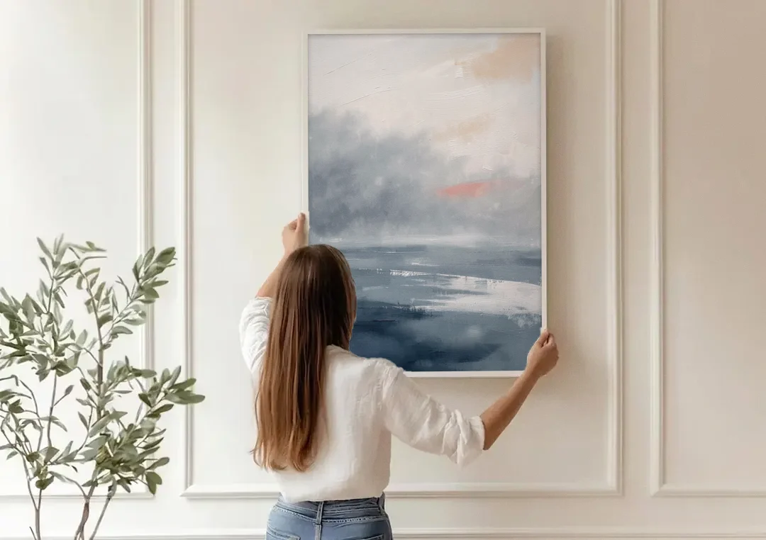 Neutral Sea Fog on Calm Water canvas wall art being hung on a paneled wall