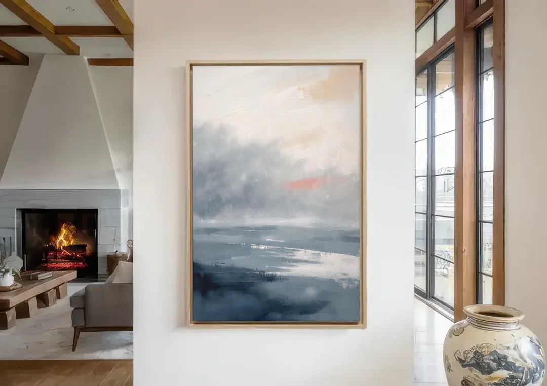 Neutral Sea Fog on Calm Water canvas wall art in a living room with a fireplace