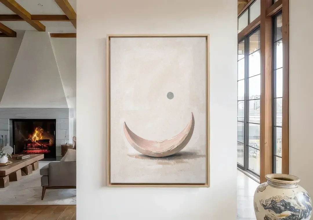 Neutral Wall Art for Bedroom with Blush Crescent Cradle canvas wall art in a living room with a fireplace