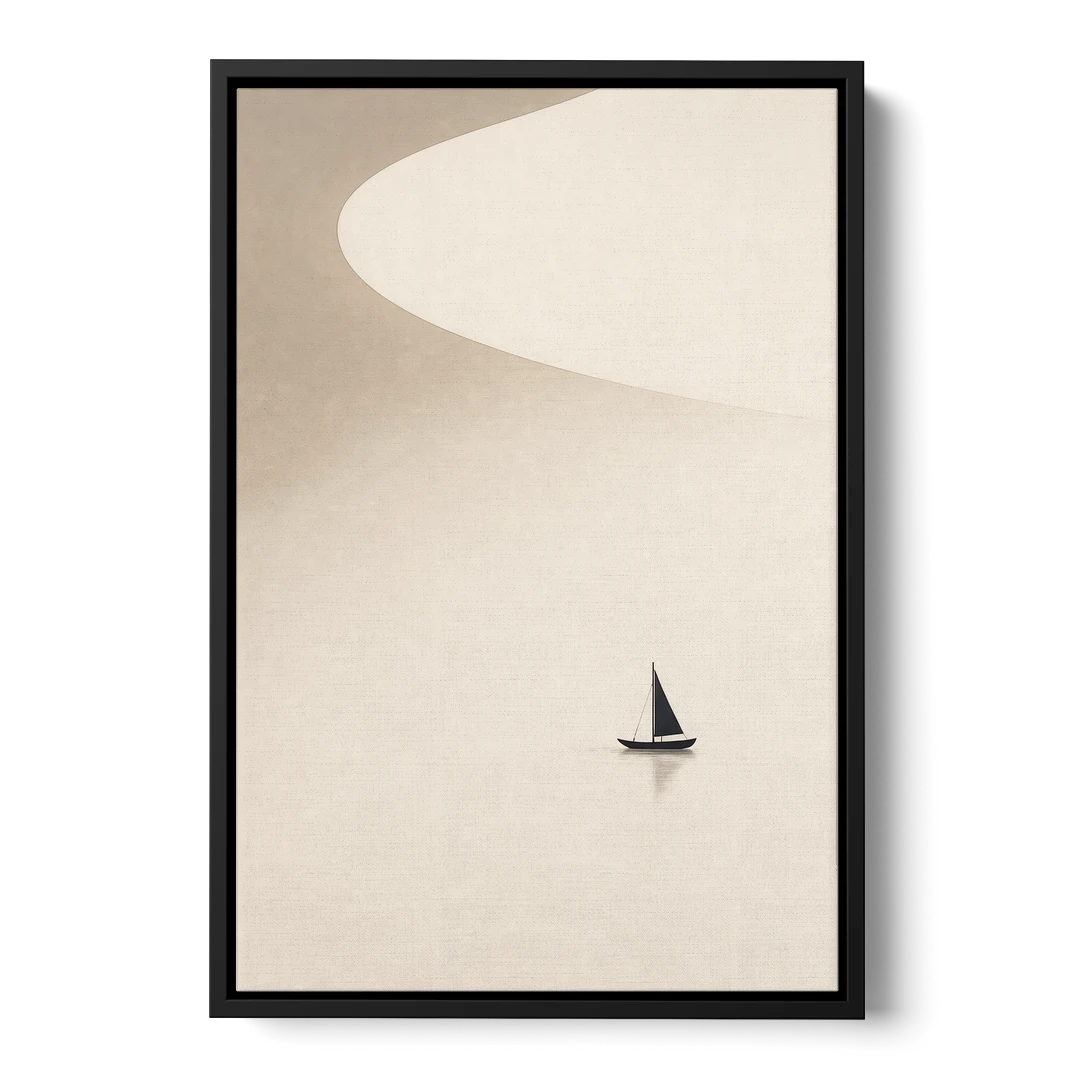 Neutral Wall Art of a Becalmed Sailboat - Black Framed Canvas Wall Art - Front