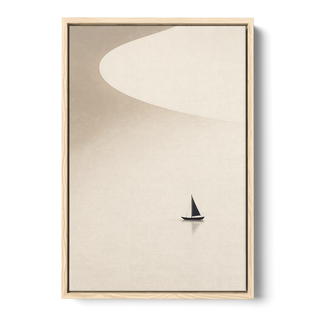 Neutral Wall Art of a Becalmed Sailboat - Oak Framed Canvas Wall Art - Front