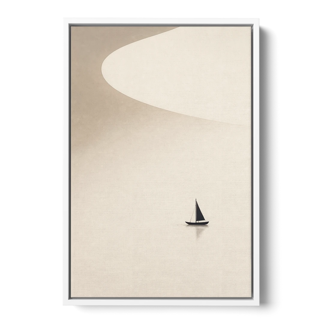 Neutral Wall Art of a Becalmed Sailboat - White Framed Canvas Wall Art - Front
