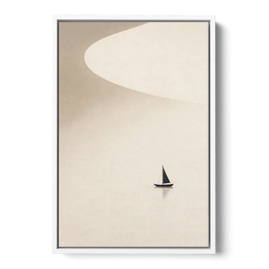 Neutral Wall Art of a Becalmed Sailboat - White Framed Canvas Wall Art - Front