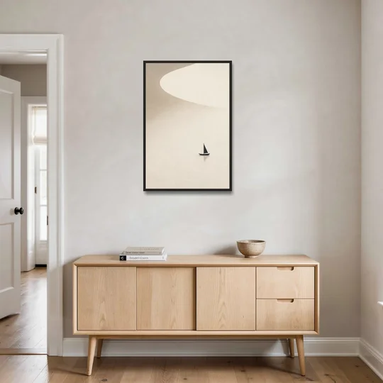 Neutral Wall Art of a Becalmed Sailboat - Black Framed Canvas Wall Art - Coffee Table - 24x36