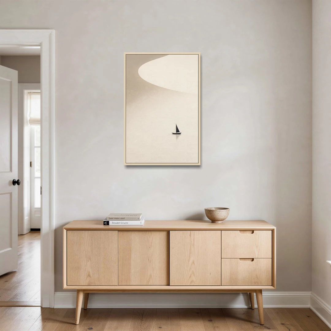 Neutral Wall Art of a Becalmed Sailboat - Oak Framed Canvas Wall Art - Coffee Table - 24x36