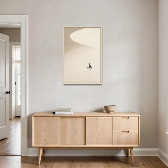 Neutral Wall Art of a Becalmed Sailboat - Oak Framed Canvas Wall Art - Coffee Table - 24x36