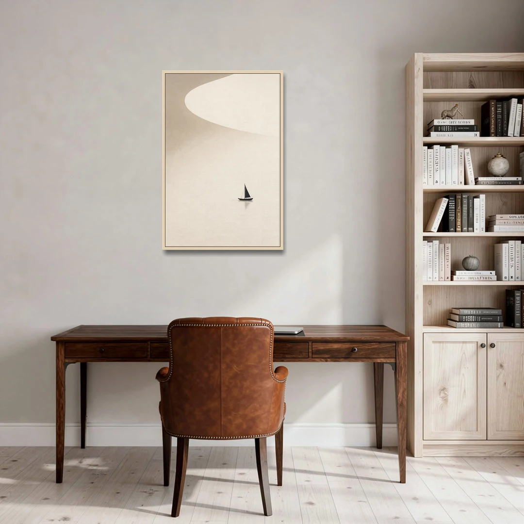 Neutral Wall Art of a Becalmed Sailboat - Oak Framed Canvas Wall Art - Office - 24x36