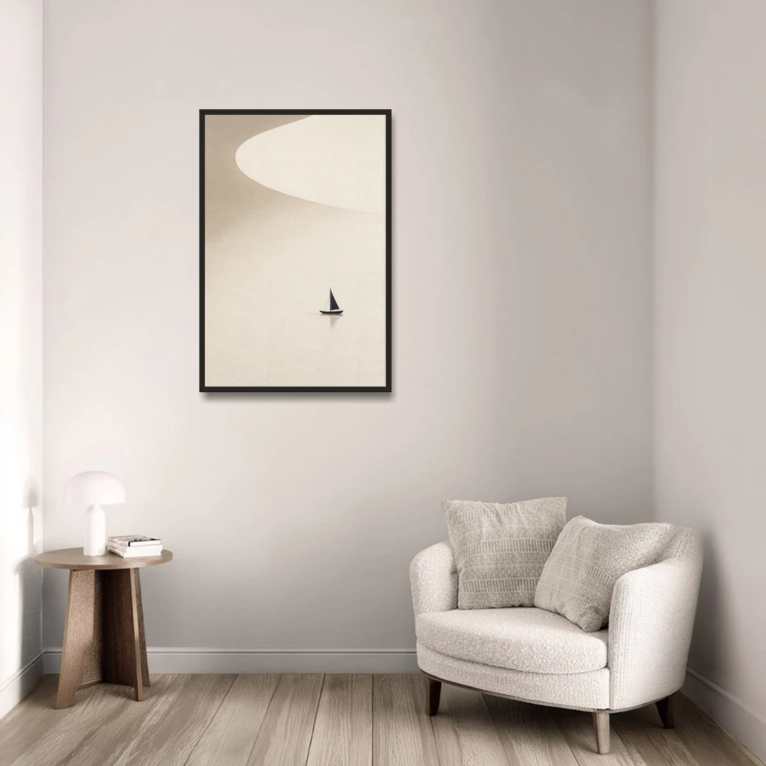 Neutral Wall Art of a Becalmed Sailboat - Black Framed Canvas Wall Art - Sofa - 24x36