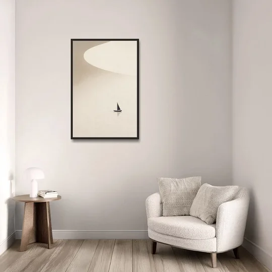 Neutral Wall Art of a Becalmed Sailboat - Black Framed Canvas Wall Art - Sofa - 24x36