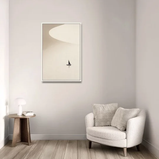 Neutral Wall Art of a Becalmed Sailboat - White Framed Canvas Wall Art - Sofa - 24x36