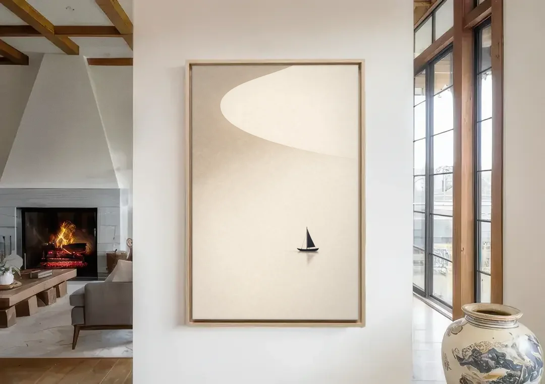 Neutral Wall Art of a Becalmed Sailboat canvas wall art in a living room with a fireplace