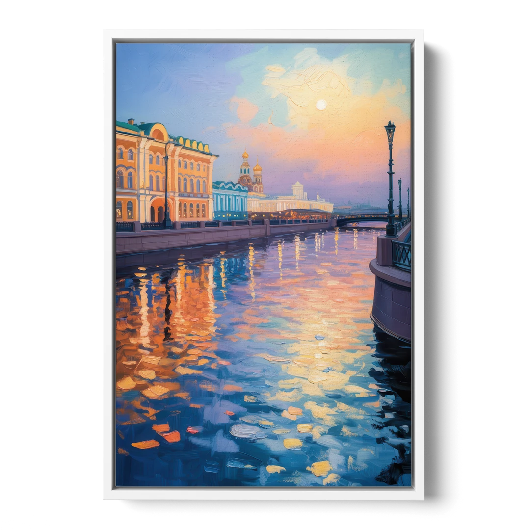Neva River Reflections - White Framed Canvas Wall Art - Front