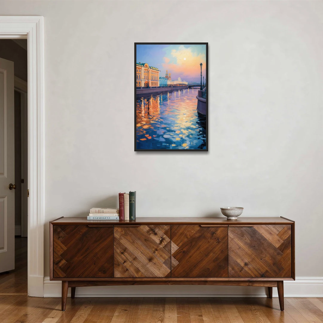 Neva River Reflections - Black Framed Canvas Wall Art - Coffee Table - 24x36