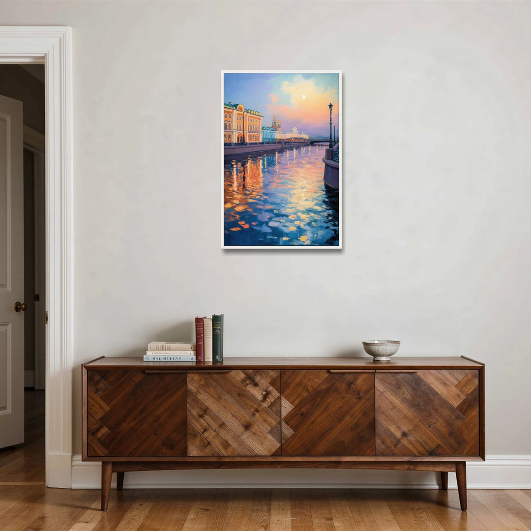 Neva River Reflections - White Framed Canvas Wall Art - Coffee Table - 24x36