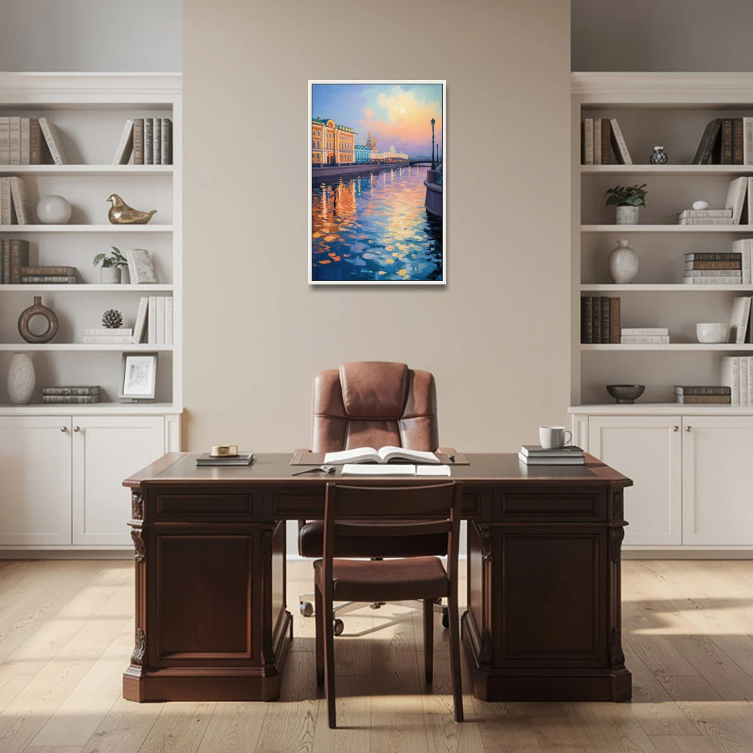 Neva River Reflections - White Framed Canvas Wall Art - Office - 24x36