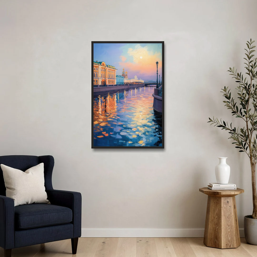 Neva River Reflections - Black Framed Canvas Wall Art - Sofa - 24x36