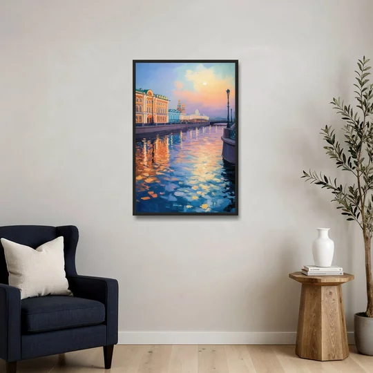 Neva River Reflections - Black Framed Canvas Wall Art - Sofa - 24x36