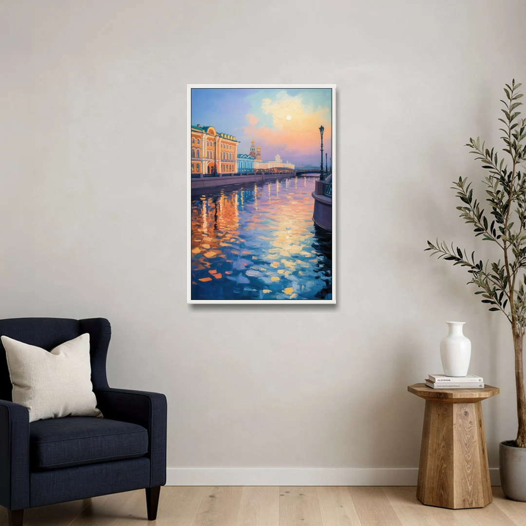 Neva River Reflections - White Framed Canvas Wall Art - Sofa - 24x36