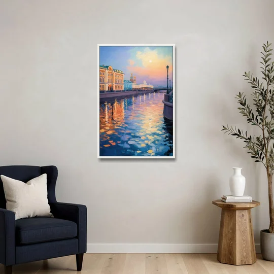 Neva River Reflections - White Framed Canvas Wall Art - Sofa - 24x36