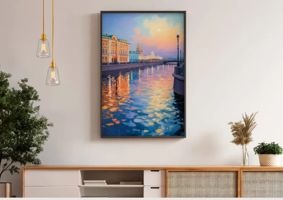Neva River Reflections canvas wall art above a wooden sideboard under pendant lights