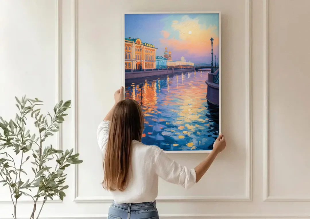 Neva River Reflections canvas wall art being hung on a paneled wall