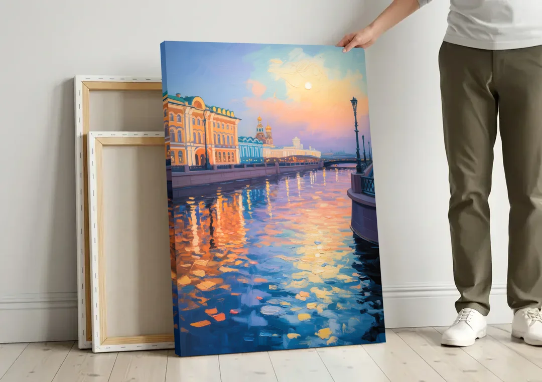 Neva River Reflections canvas wall art leaning against a wall next to blank canvases