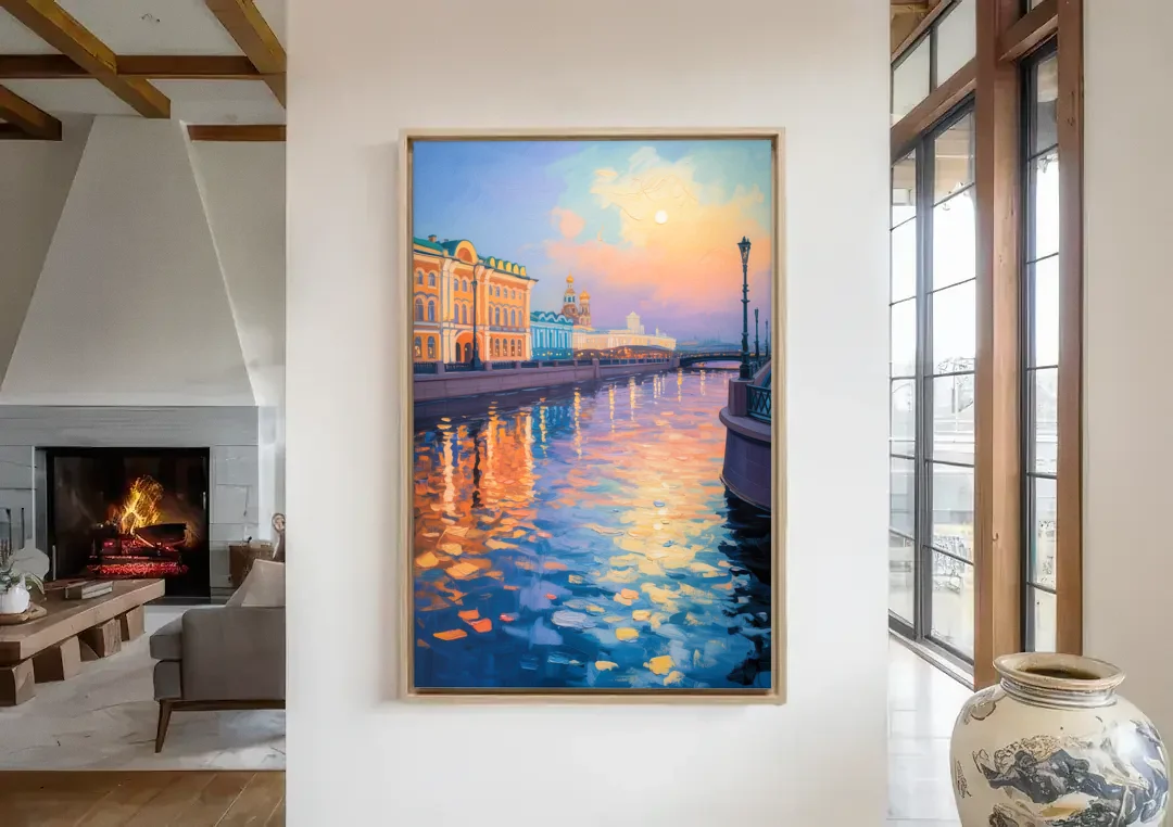 Neva River Reflections canvas wall art in a living room with a fireplace
