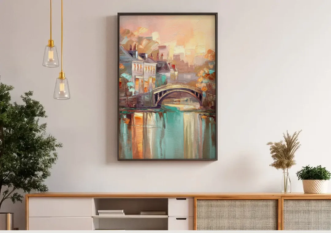 New Hope Artistic Skyline canvas wall art above a wooden sideboard under pendant lights
