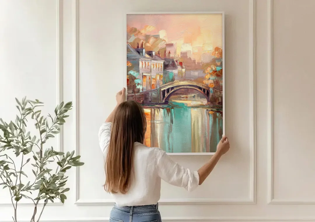New Hope Artistic Skyline canvas wall art being hung on a paneled wall