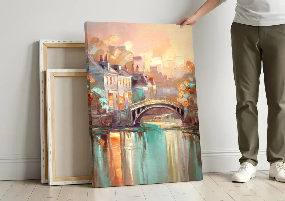 New Hope Artistic Skyline canvas wall art leaning against a wall next to blank canvases
