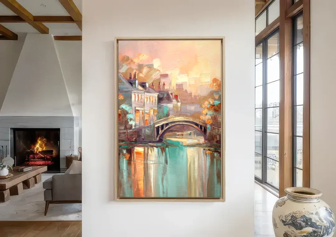 New Hope Artistic Skyline canvas wall art in a living room with a fireplace
