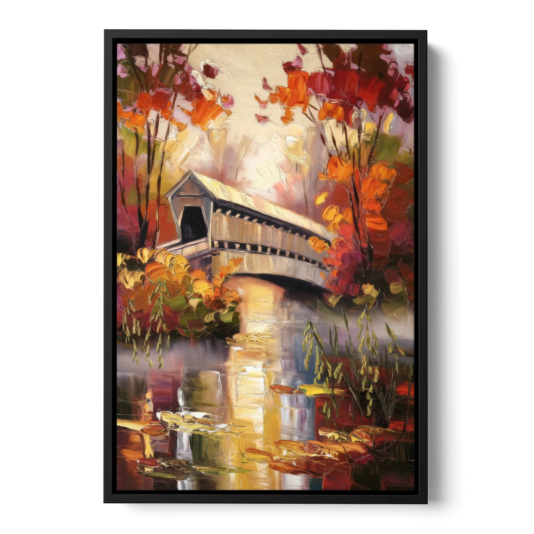 New Hope Covered Bridge Scene - Black Framed Canvas Wall Art - Front