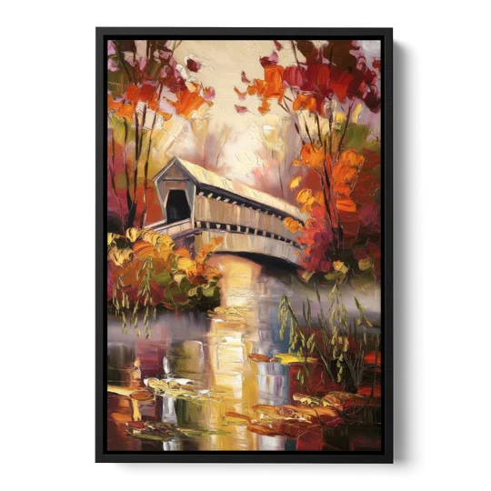 New Hope Covered Bridge Scene - Black Framed Canvas Wall Art - Front